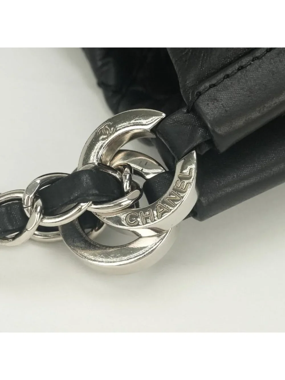 Chanel Quilted Tote Sparkle Leather Black Silver Handbag CC Logo Double Chain